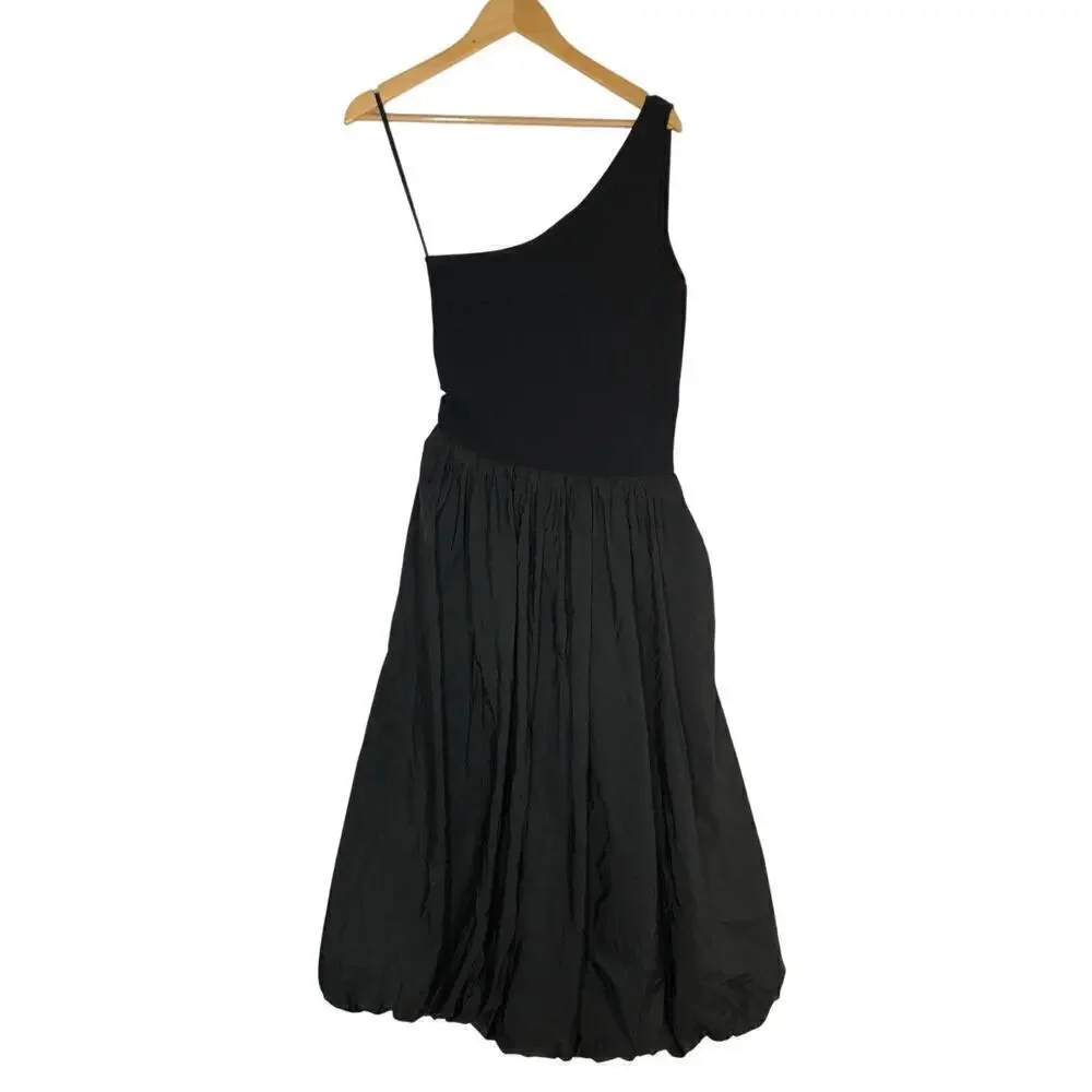 Derek Lam 10 Crosby Dune Balloon Dress One Shoulder Midi Black L